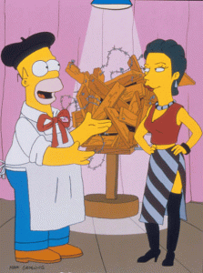 Homer y su marchante de arte. Al fondo, su obra de arte marginal.